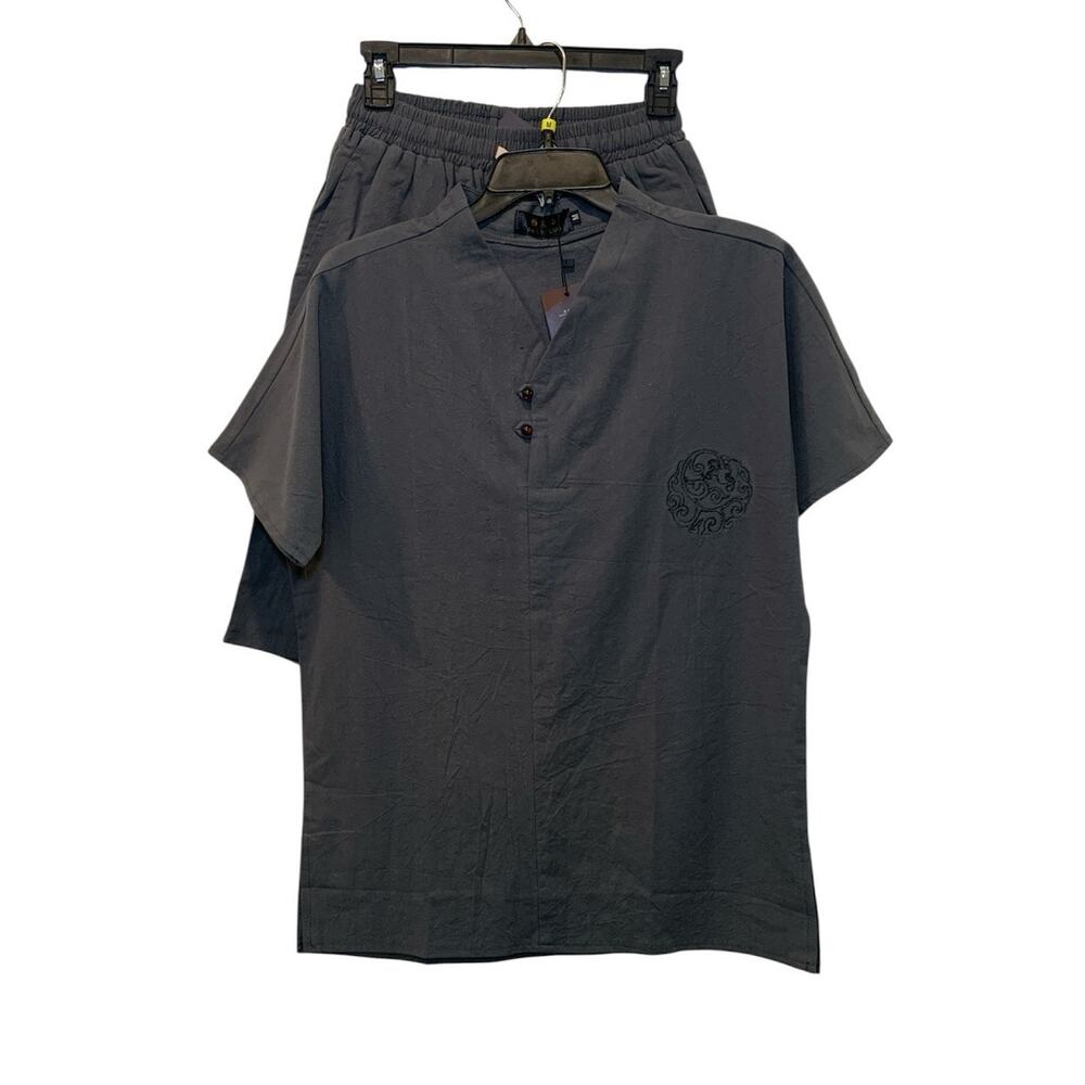 Men's Traditional 2-Piece Chinese Style Embroidered Short Sleeve Short Set Gray